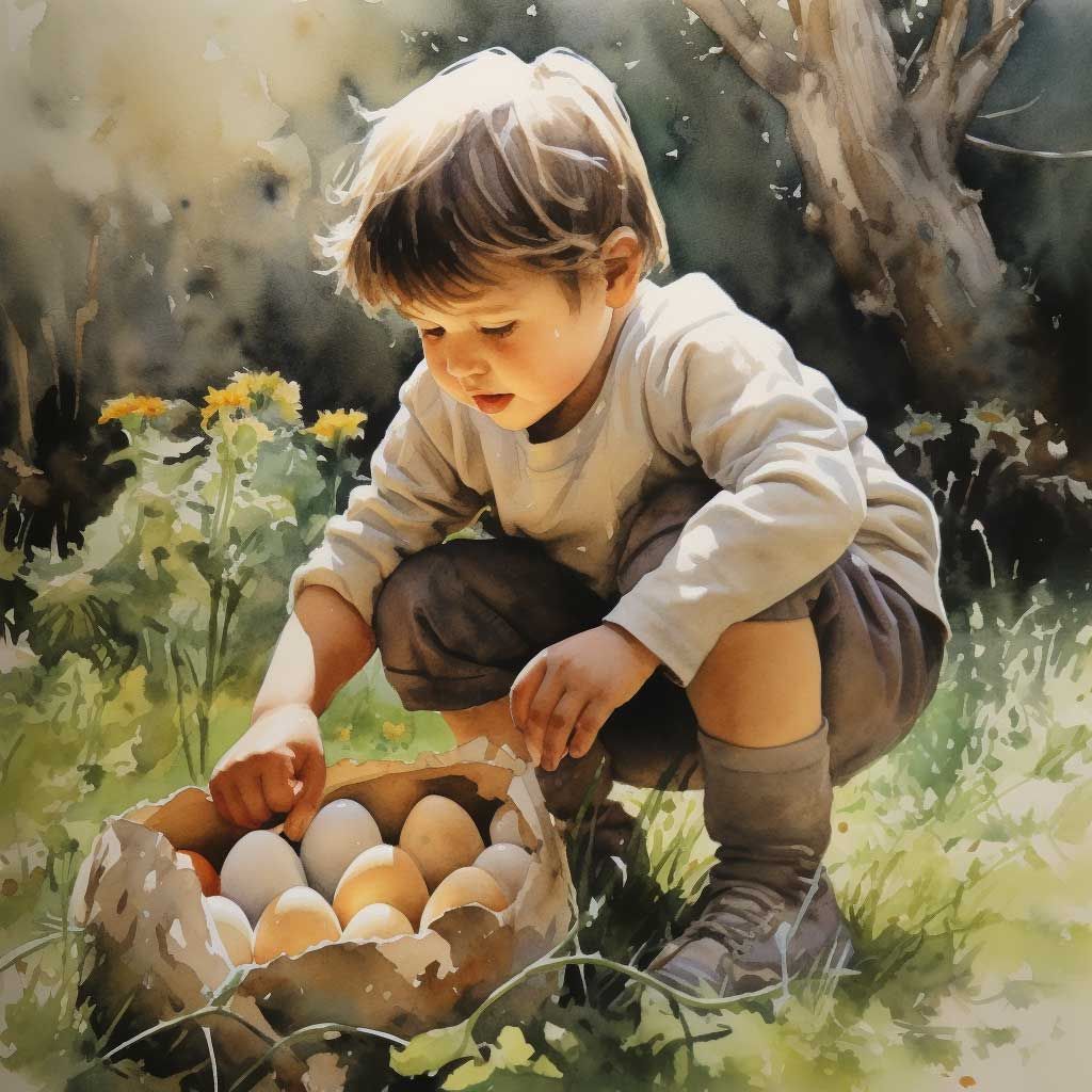 boy picking up backyard chicken eggs